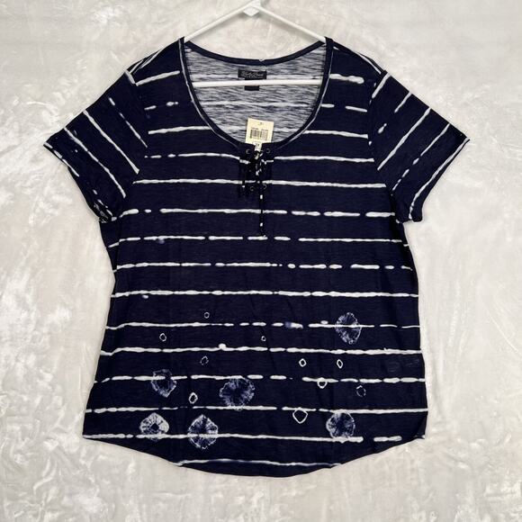 Lucky Brand Live in Love Blouse 2X Embroidered Striped Blue Tie Women - Picture 1 of 13